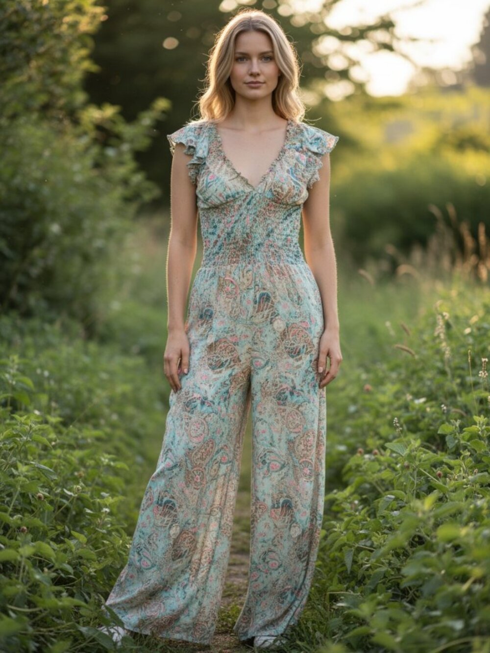 Boutique Bohemian Smocked Maxi Palazzo Jumpsuit in Seafoam & Taupe Floral